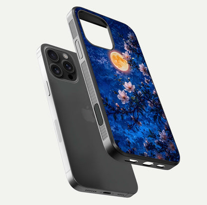 Moonlit Blossoms Night Glass Case for iPhone 16 Pro Max floating dual-view mockup showing HD gloss and floral contrast