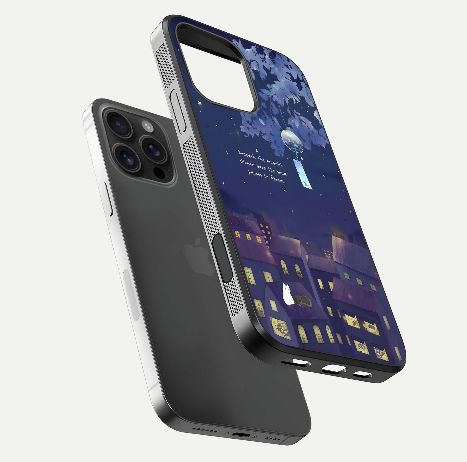 Moonlit Cat Silence Glass Case for iPhone 16 Pro Max floating dual-view mockup showing gloss reflection and moon art