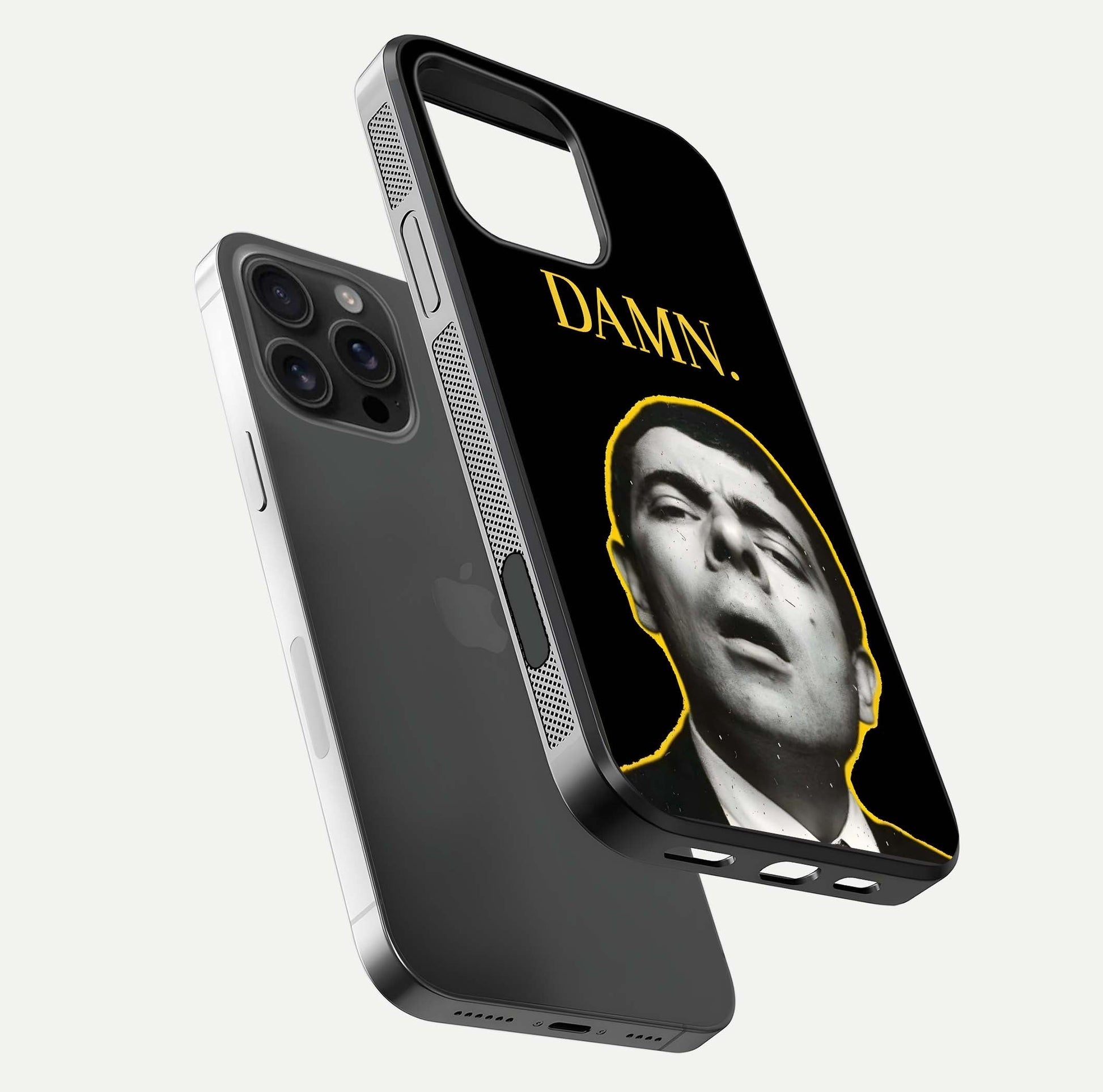 Mr Bean Damn Glass Case for iPhone 16 Pro Max floating dual-view mockup showing reflective gloss and vivid tones