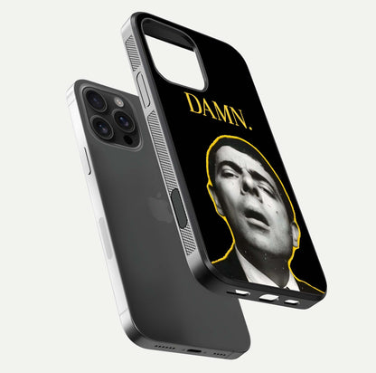 Mr Bean Damn Glass Case for iPhone 16 Pro Max floating dual-view mockup showing reflective gloss and vivid tones