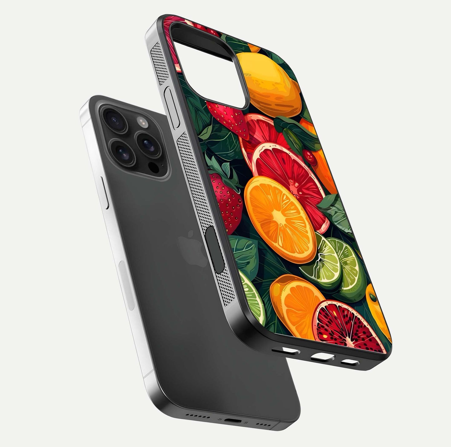 Multiple Fruits Glass Case for iPhone 16 Pro Max floating dual-view mockup showing reflection depth and freshness