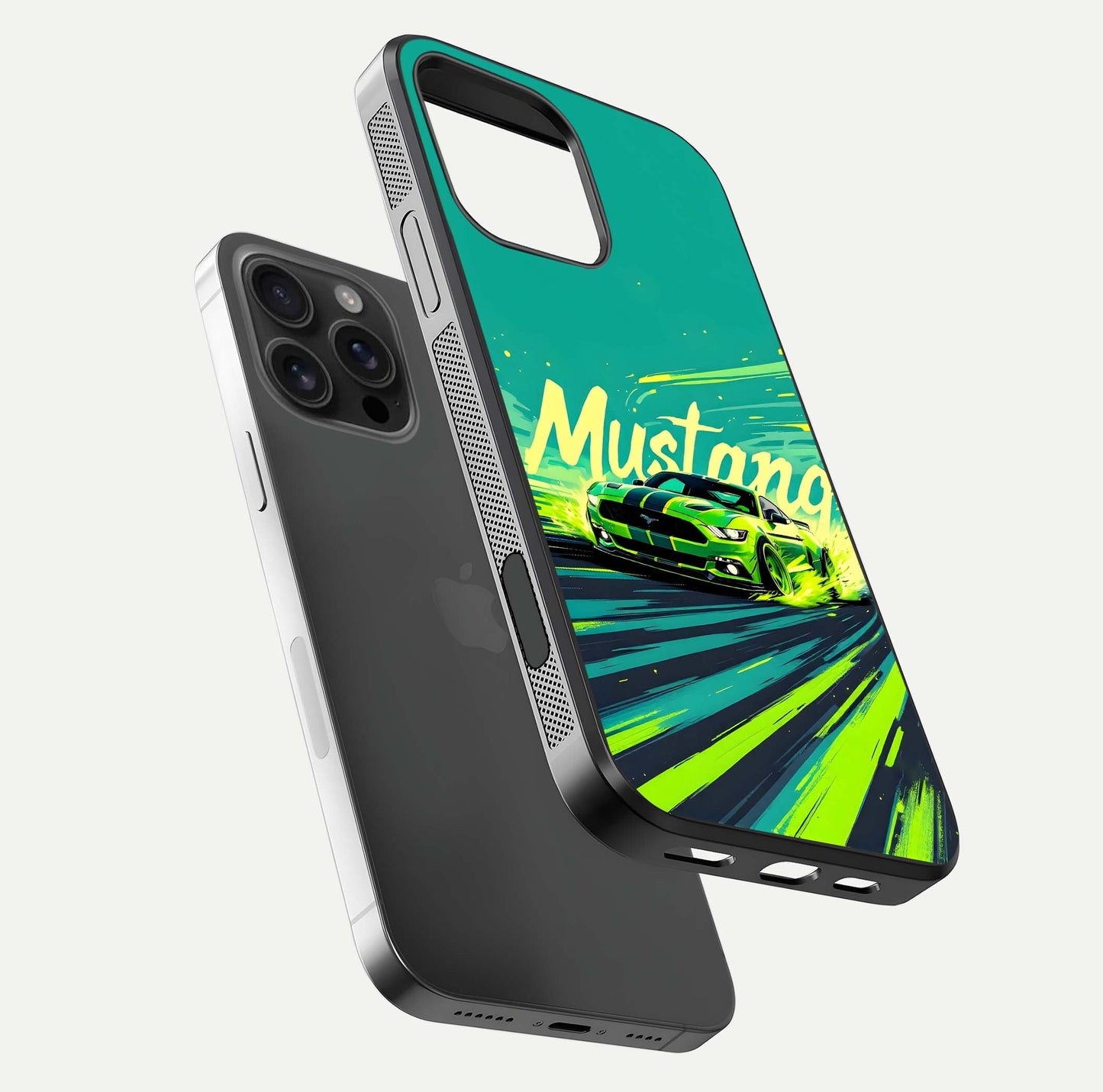 Mustang Bang Glass Case for iPhone 16 Pro Max floating dual-view mockup showing gloss depth and power design
