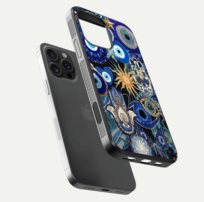 Mystic Blue Evil Eye Glass Case for iPhone 16 Pro Max floating dual-view mockup showing gloss depth and sacred symbol
