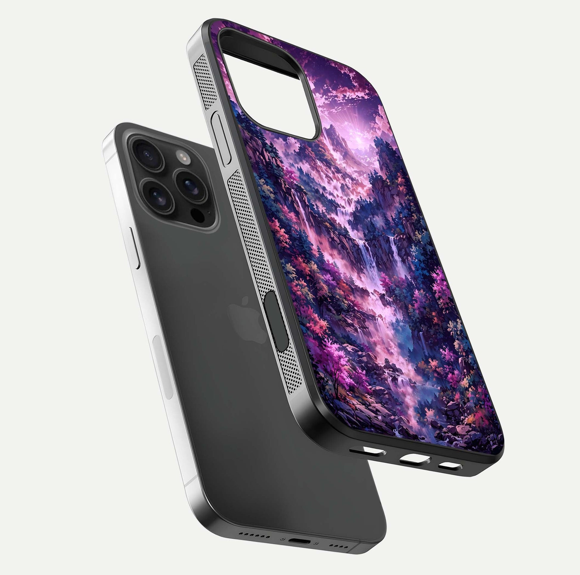 Mystic Cascade Peaks Glass Case for iPhone 16 Pro Max floating dual-view mockup showing gloss texture and depth
