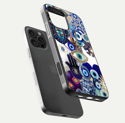 Mystic Charm Eye Glass Case for iPhone 16 Pro Max floating dual-view mockup showing gloss glow and charm symbol
