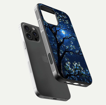 Mystic Floral Night Glass Case for iPhone 16 Pro Max floating dual-view mockup displaying shine and rich color depth