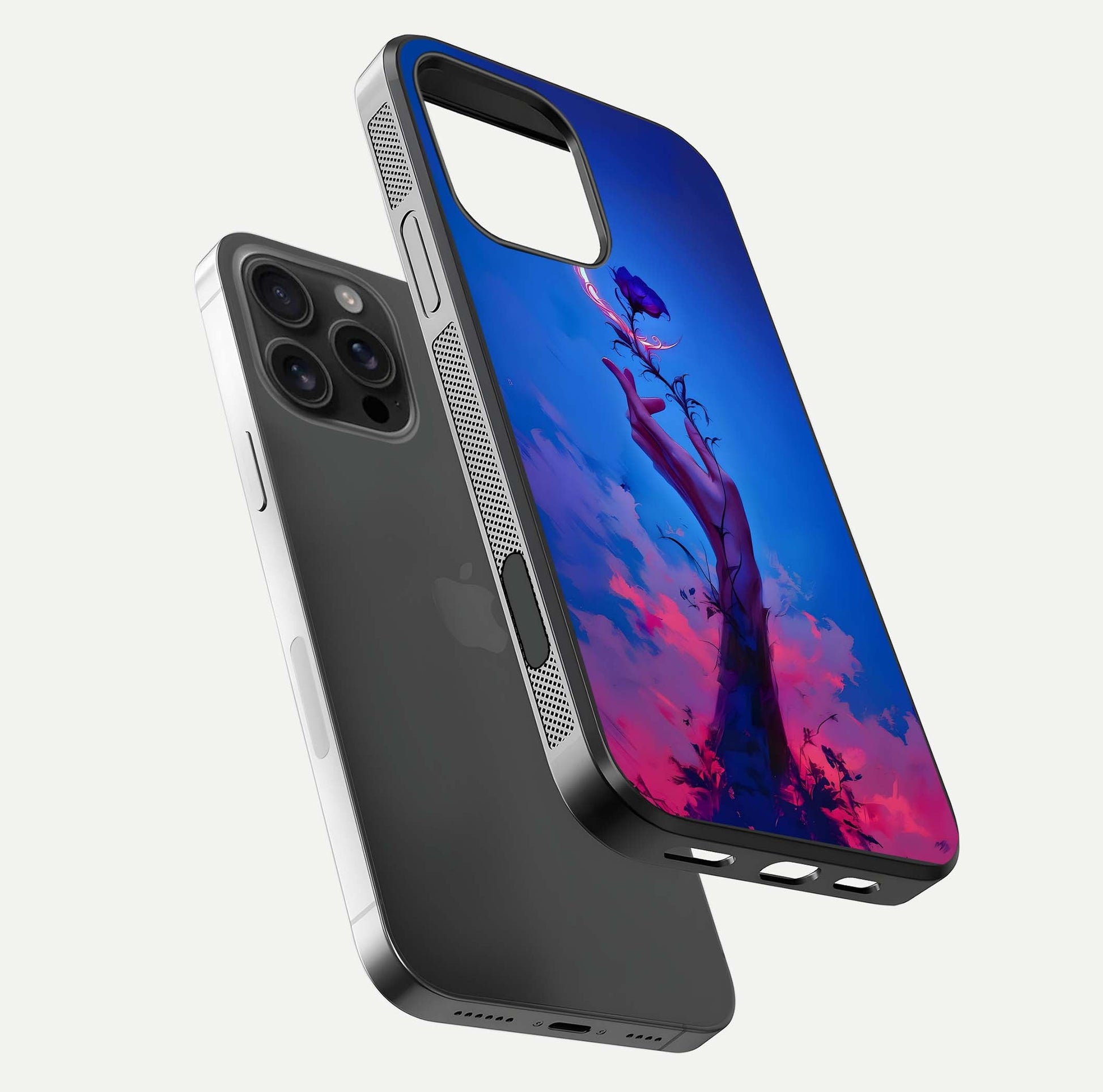 Mystic Hand Glass Case for iPhone 16 Pro Max floating dual-view mockup showing HD shine and fine palm detail