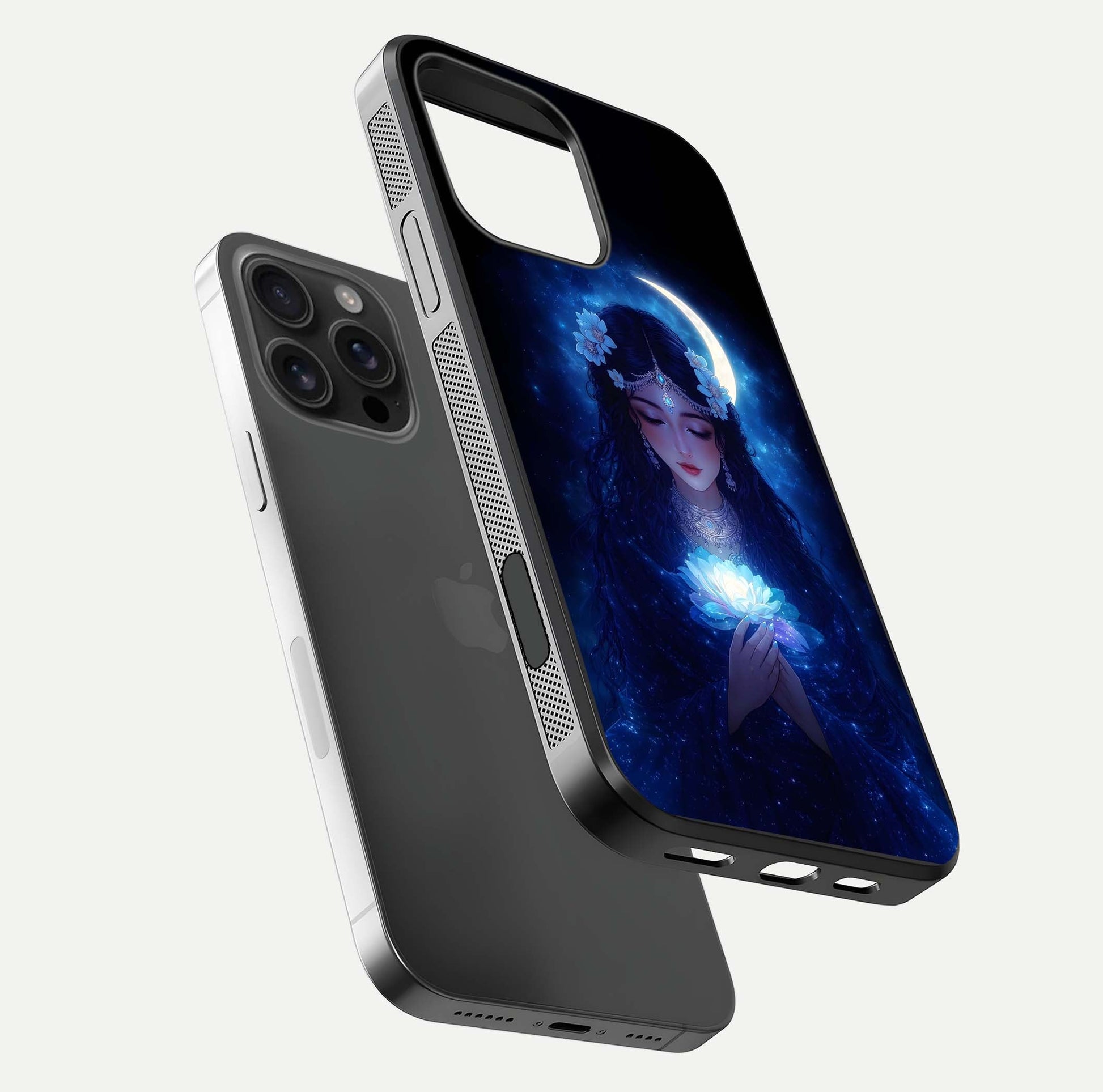 Mystic Moon Queen Glass Case for iPhone 16 Pro Max floating dual-view mockup showing HD gloss and cosmic glow