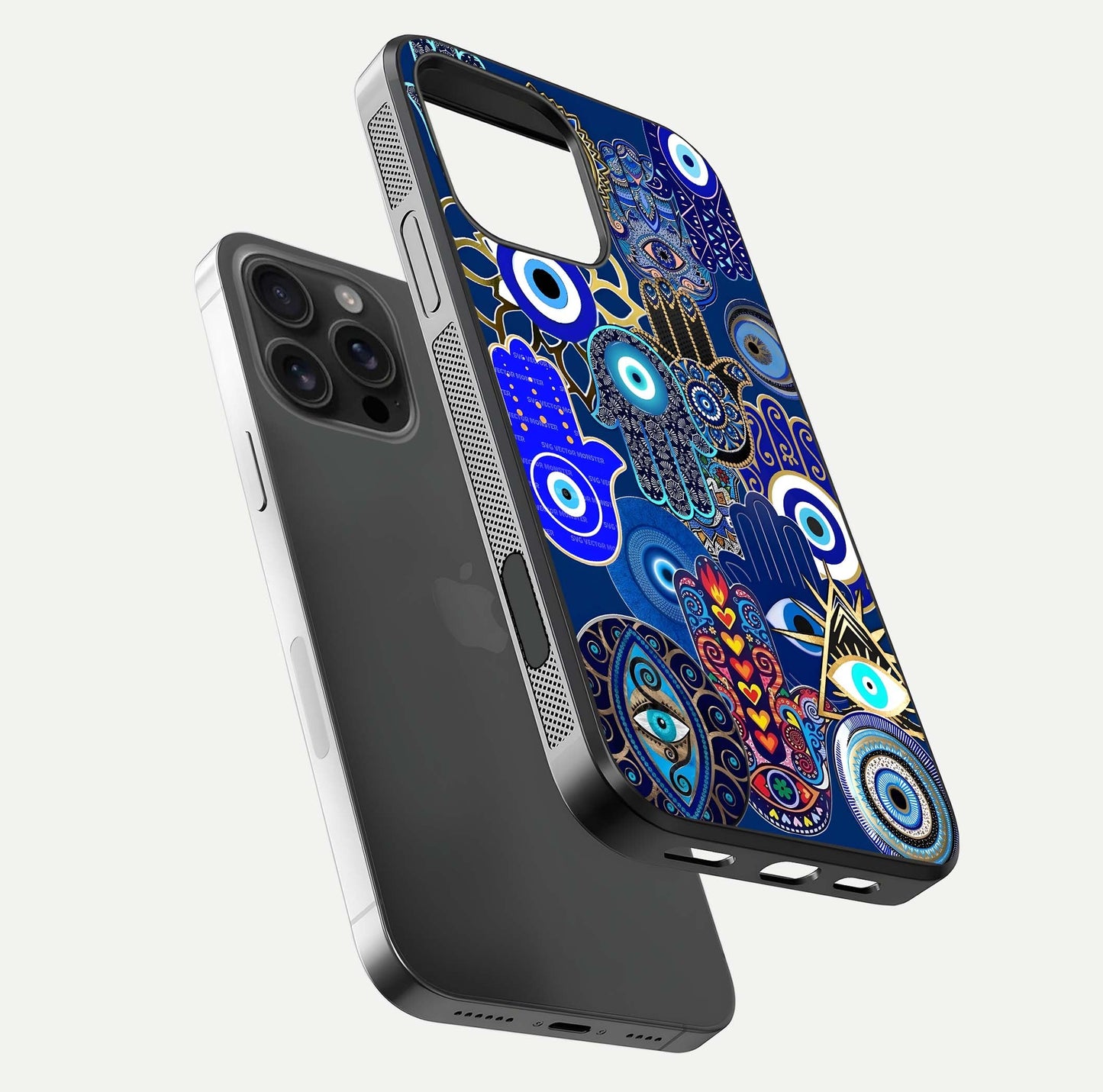 Mystic Palm Guard Glass Case for iPhone 16 Pro Max floating dual-view mockup showing HD reflection and vivid tone