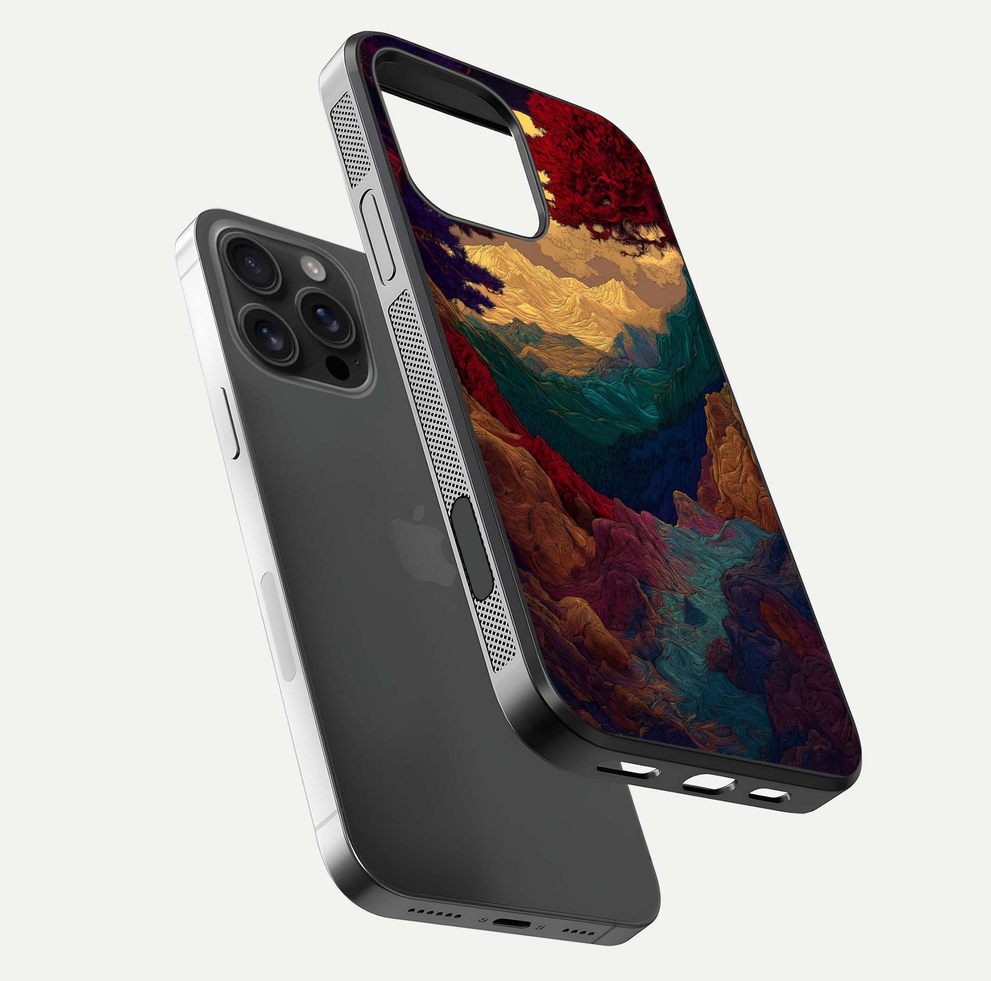 Mystic Valley Light Glass Case for iPhone 16 Pro Max floating dual-view mockup showing HD gloss and light blend