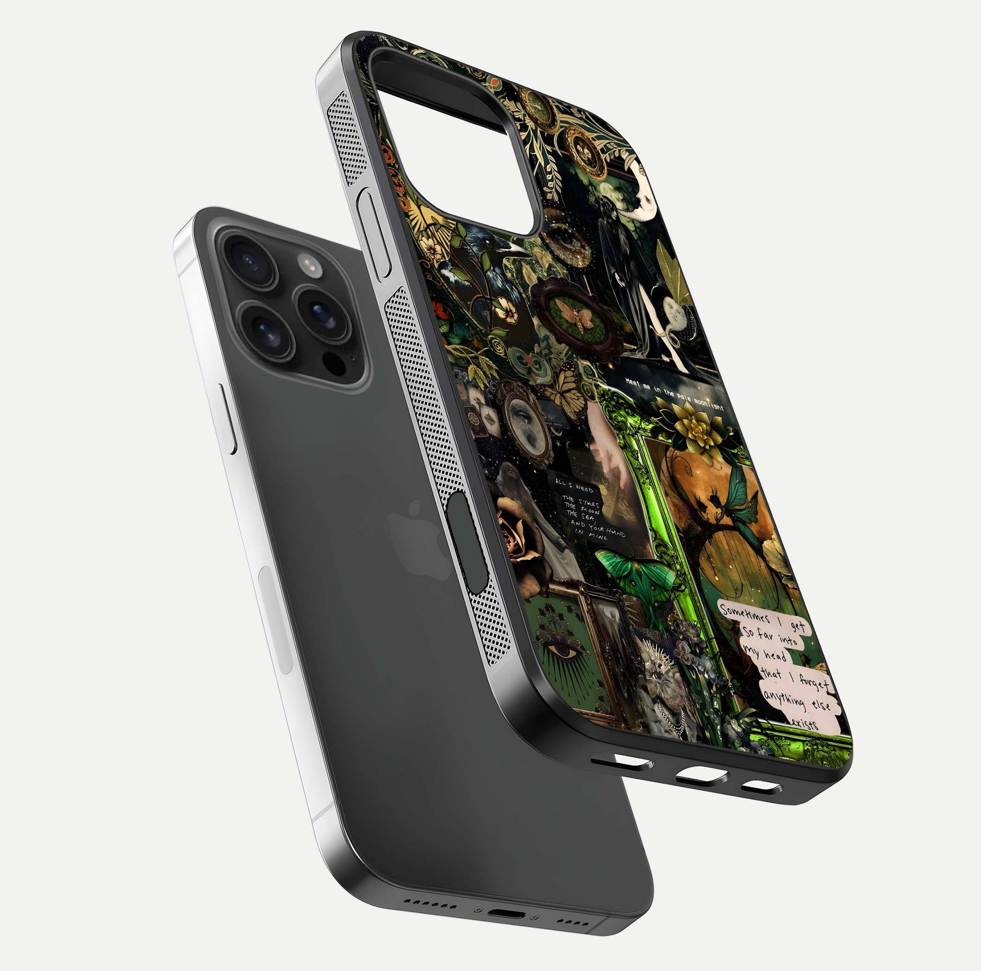 Mystic Woods Secret Glass Case for iPhone 16 Pro Max floating dual-view mockup showing HD shine and depth