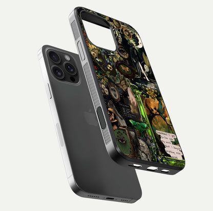 Mystic Woods Secret Glass Case for iPhone 16 Pro Max floating dual-view mockup showing HD shine and depth