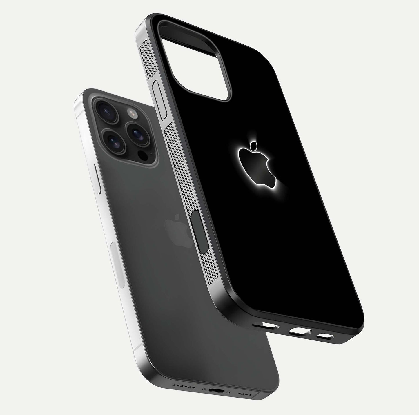 Neon Apple Glow Glass Case for iPhone 16 Pro Max floating dual-view mockup showing HD shine and modern look