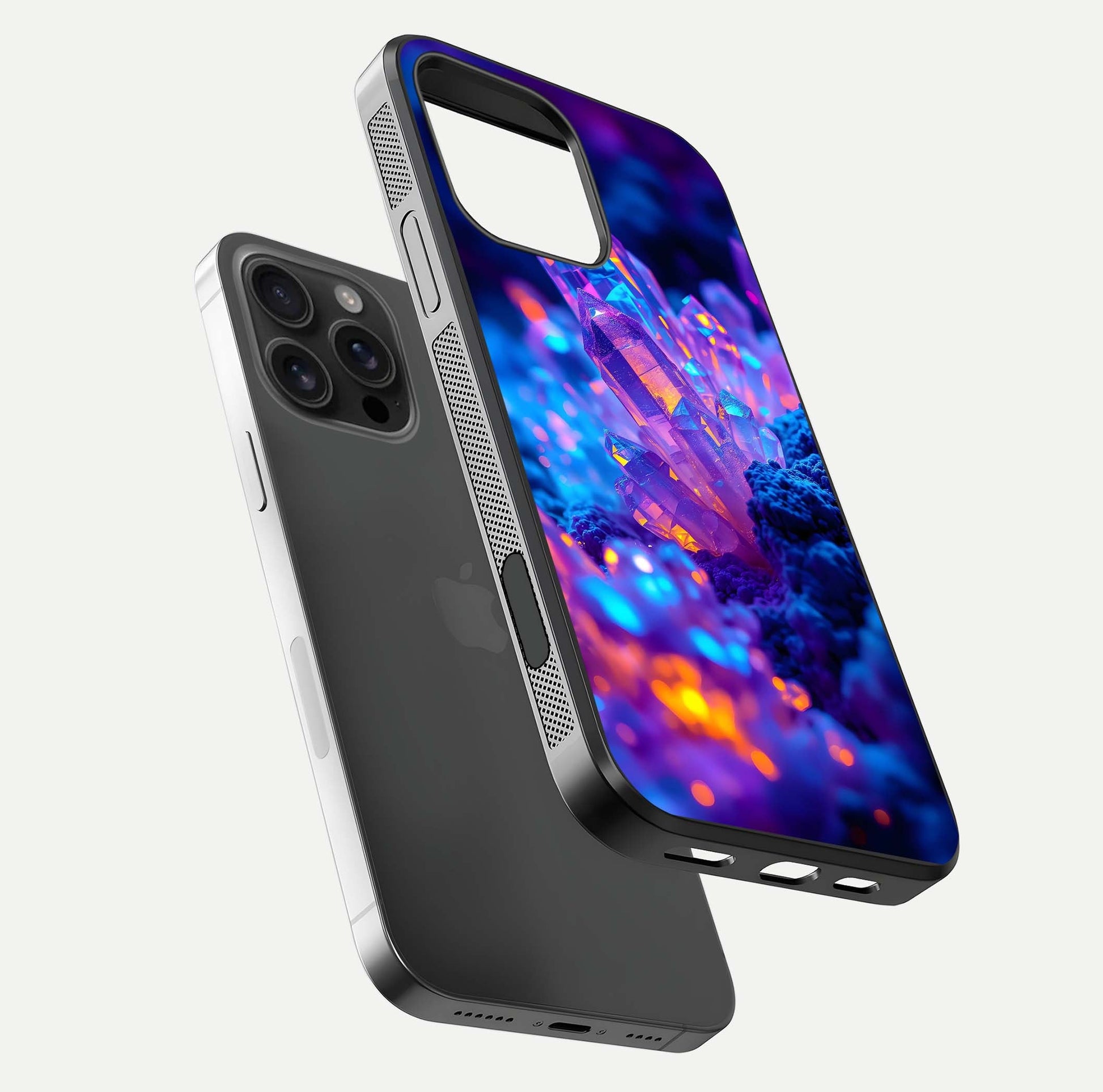 Neon Aura Shards Glass Case for iPhone 16 Pro Max floating dual-view mockup showing HD shine and shard texture
