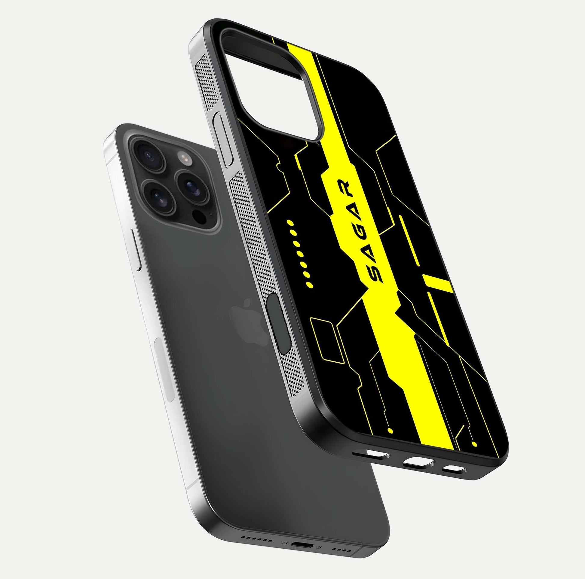 Neon CYBERPUNK Custom Name Glass Case for iPhone 16 Pro Max floating dual-view mockup showing HD shine and neon lines