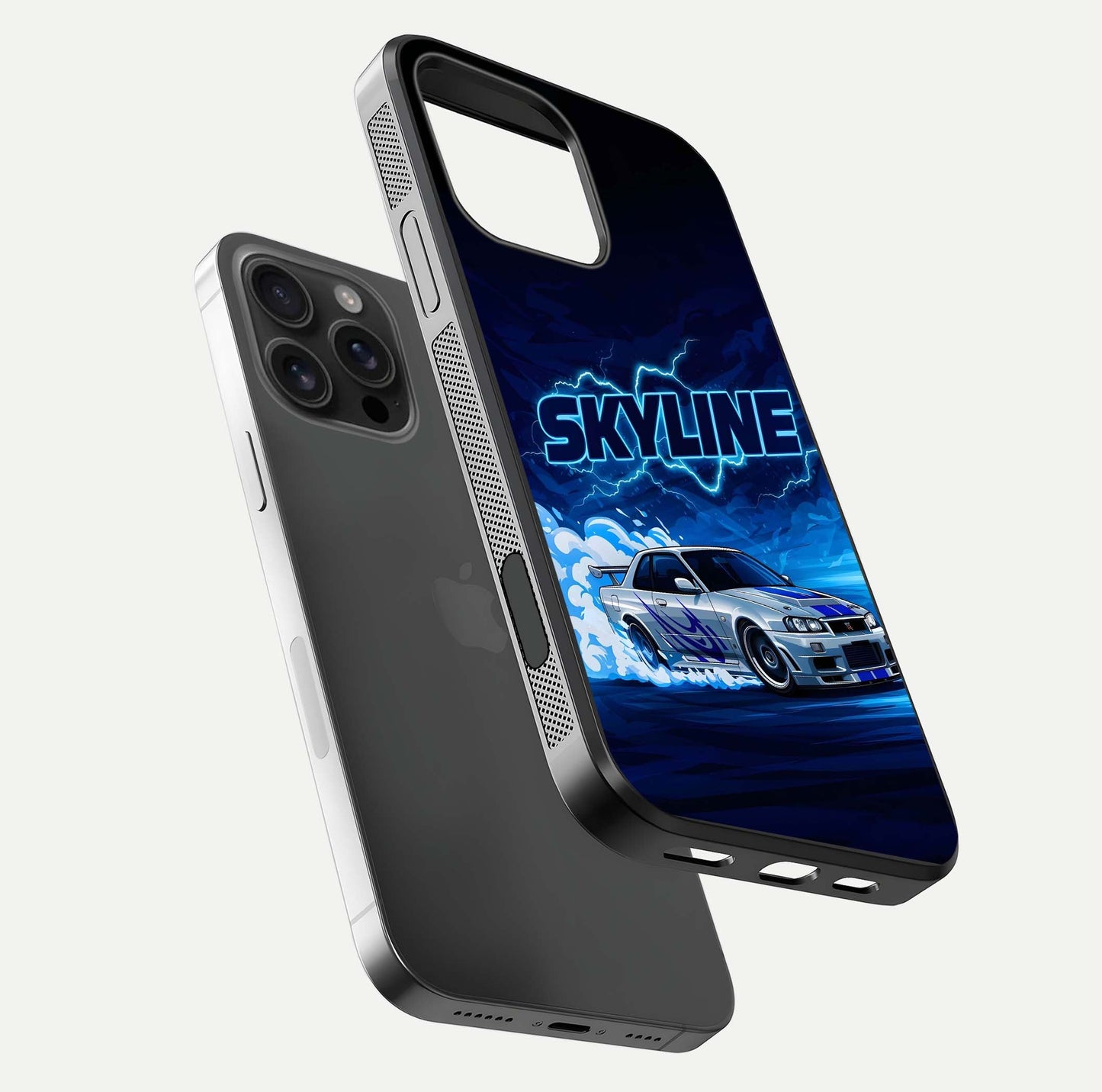 Neon Drift Beast Glass Case for iPhone 16 Pro Max floating dual-view mockup showing gloss texture and motion glow