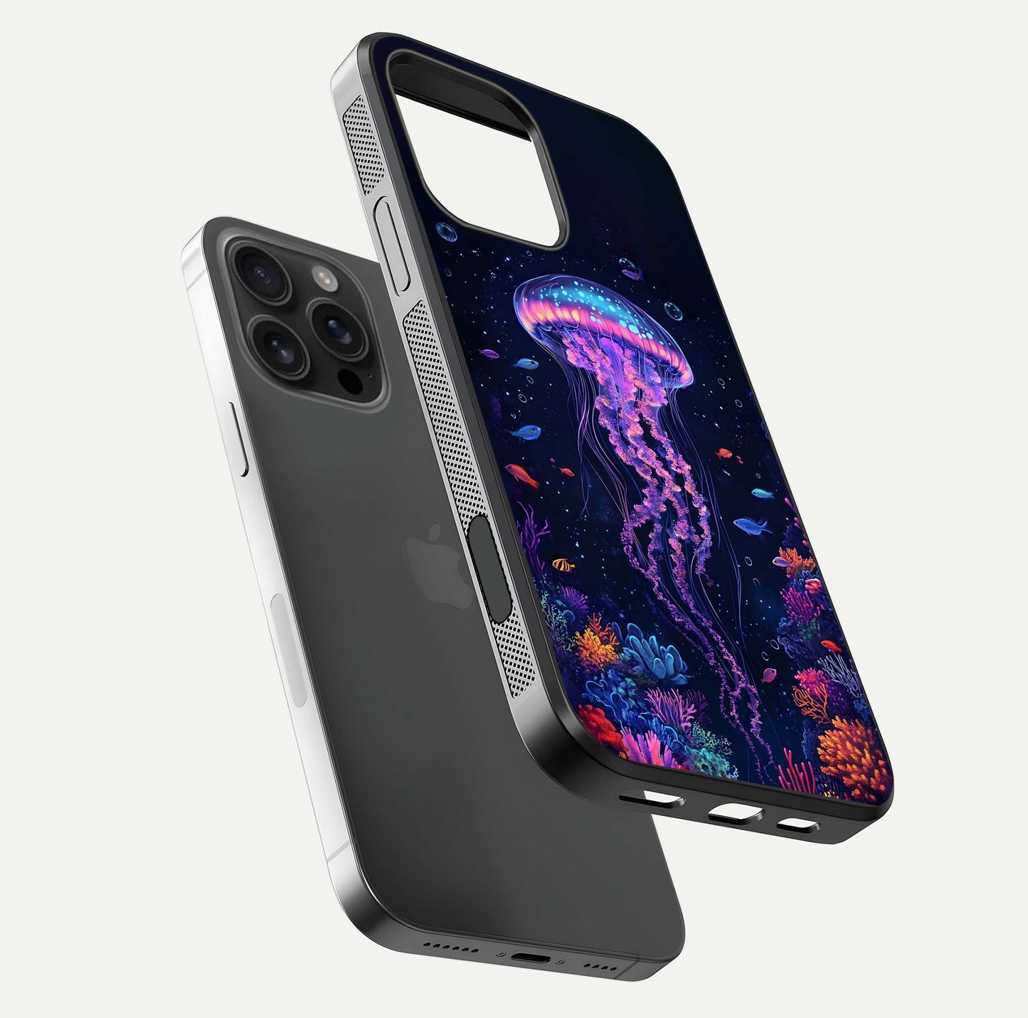 Neon Jellyfish Glass Case for iPhone 16 Pro Max floating dual-view mockup showing gloss texture and underwater glow