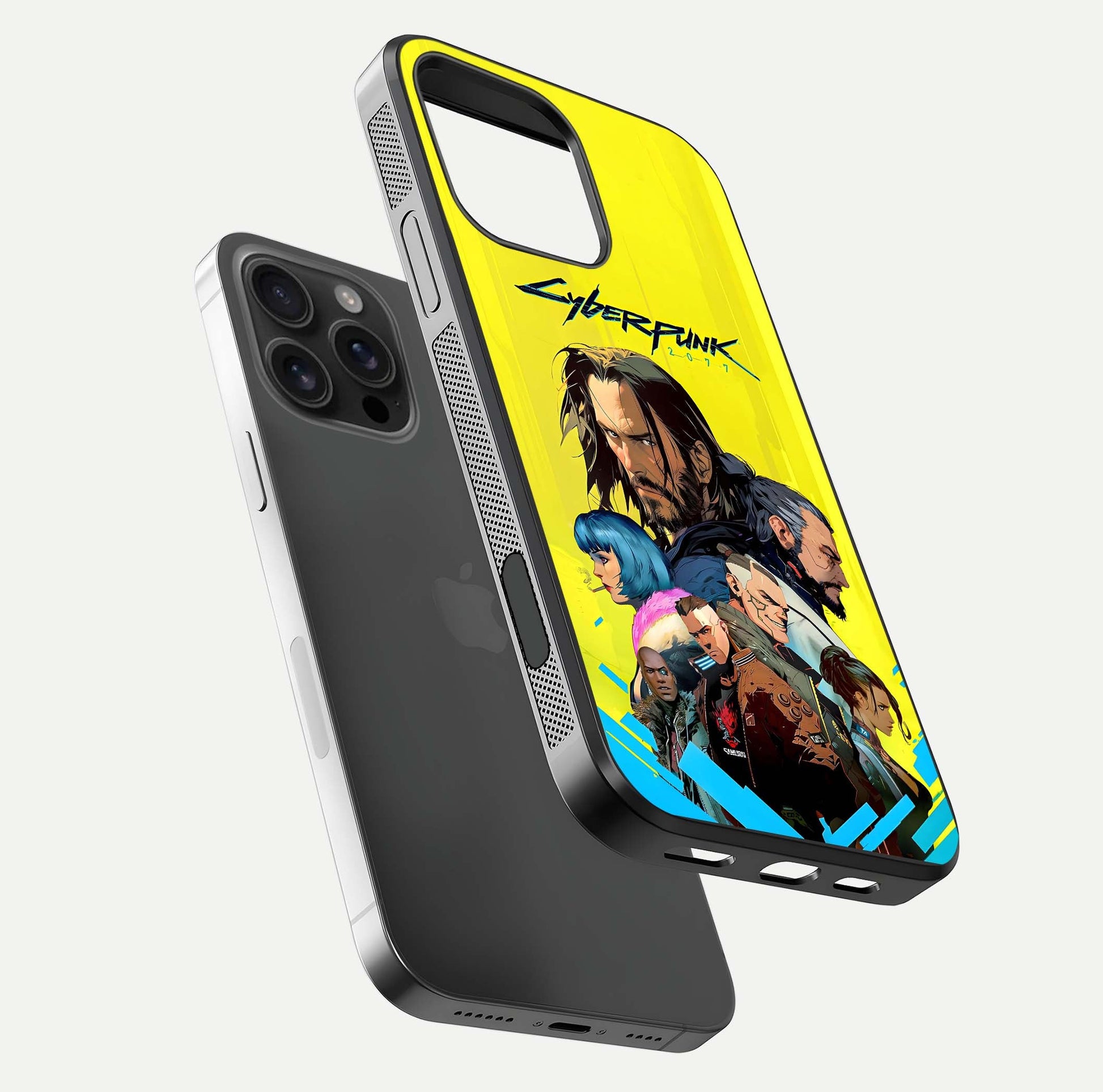 Neon Rebel Genesis Glass Case for iPhone 16 Pro Max floating dual-view mockup showing electric glow and depth