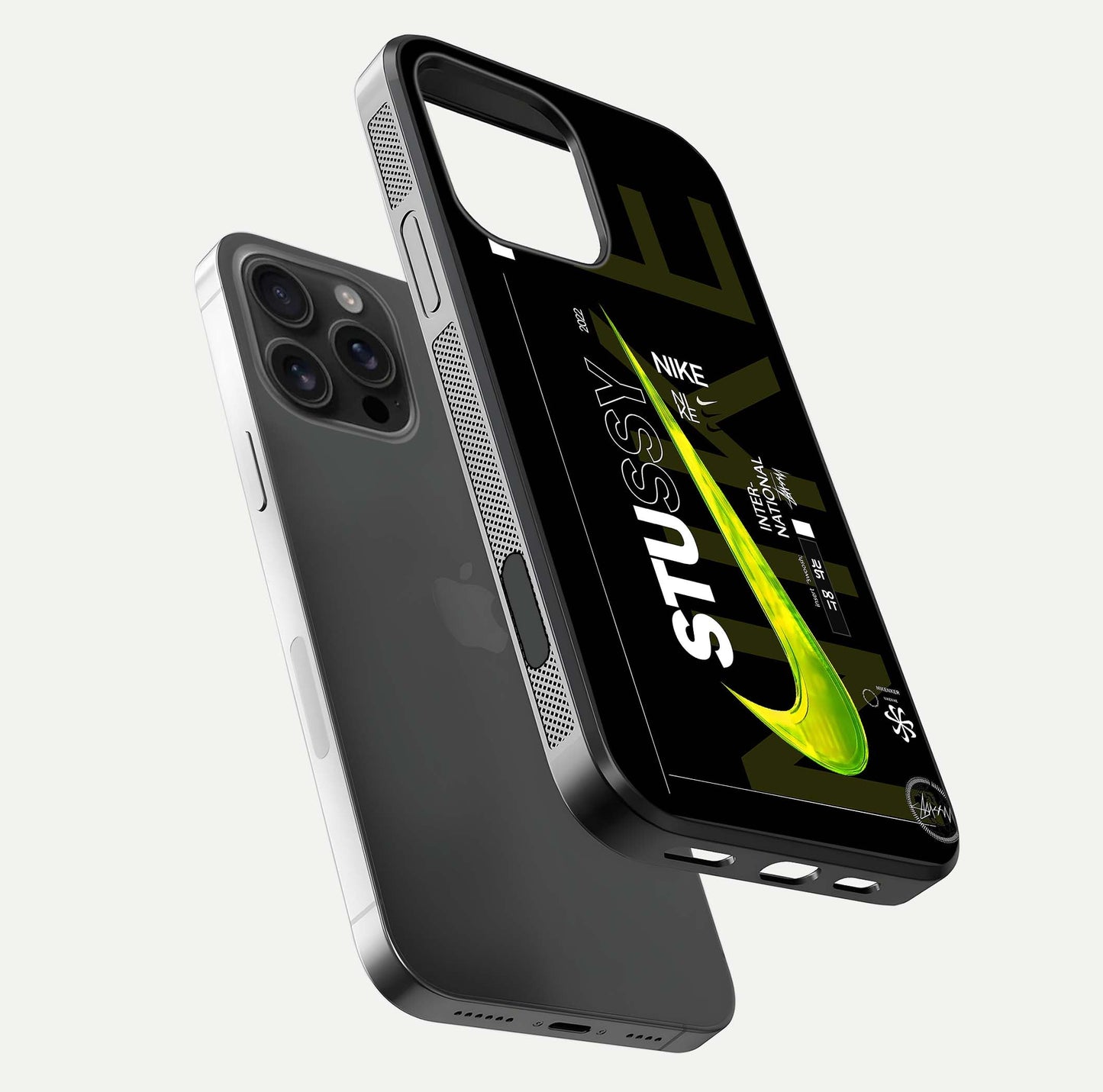 Neon Street Edition Glass Case for iPhone 16 Pro Max floating dual-view mockup showing HD gloss and neon glow
