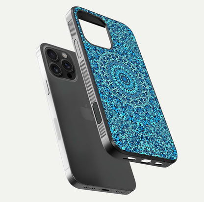 Ocean Bloom Mandala Glass Case for iPhone 16 Pro Max floating dual-view mockup showing gloss texture and print depth