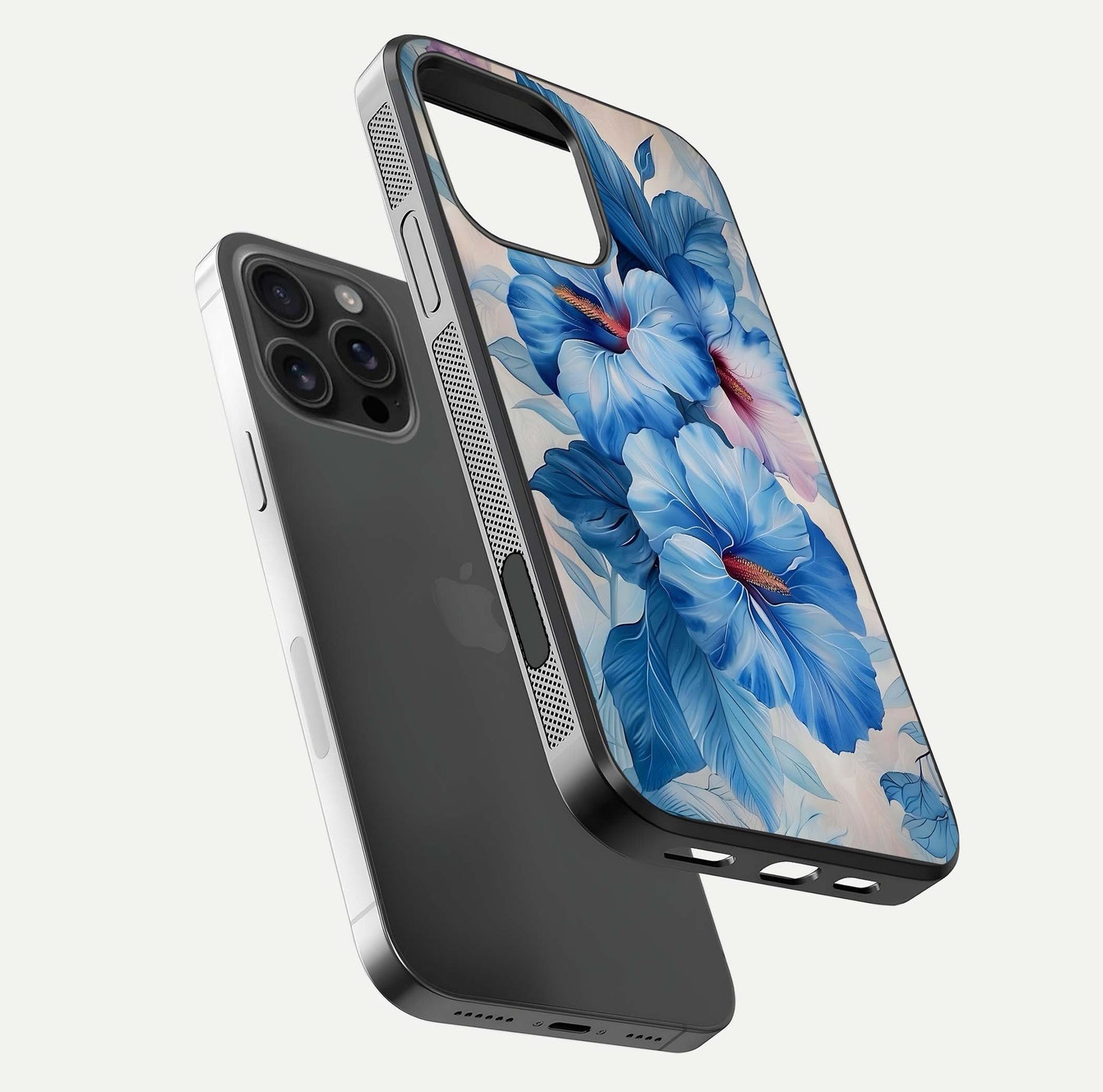 Ocean Hibiscus Grace Glass Case for iPhone 16 Pro Max floating dual-view mockup showing gloss reflection and print clarity