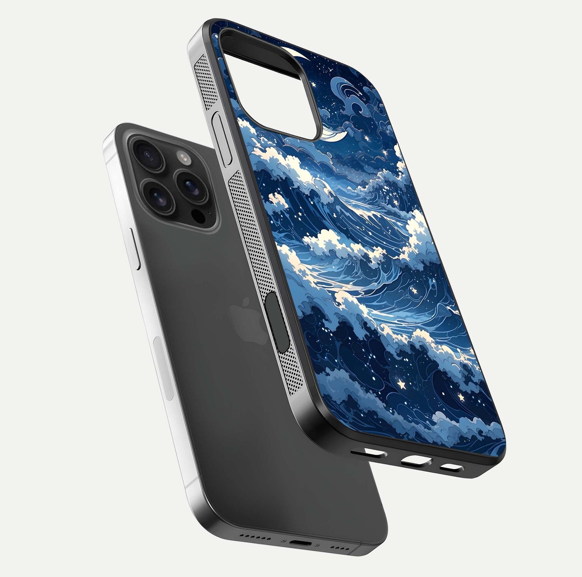 Ocean Moon Waves Glass Case for iPhone 16 Pro Max floating dual-view mockup showing gloss texture and moon glow