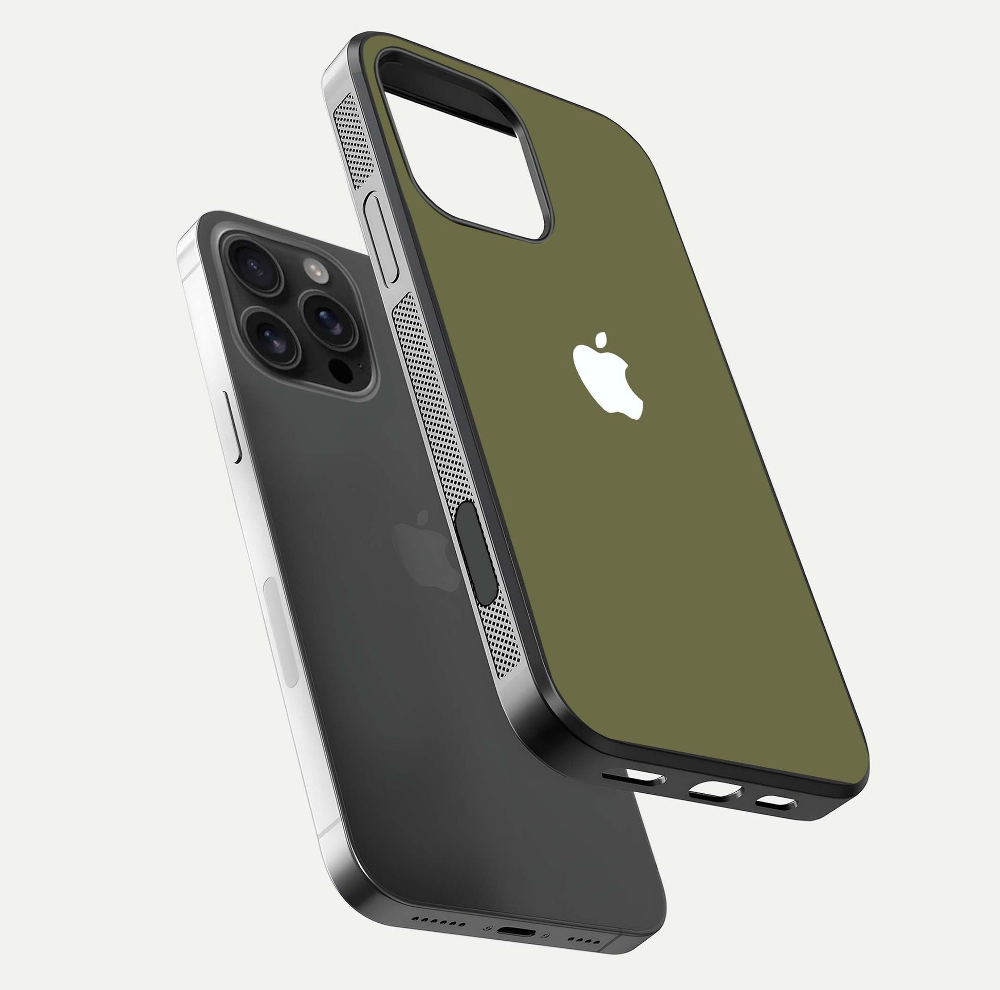 Olive Matte Essence Glass Case for iPhone 16 Pro Max floating dual-view mockup showing matte gloss and depth