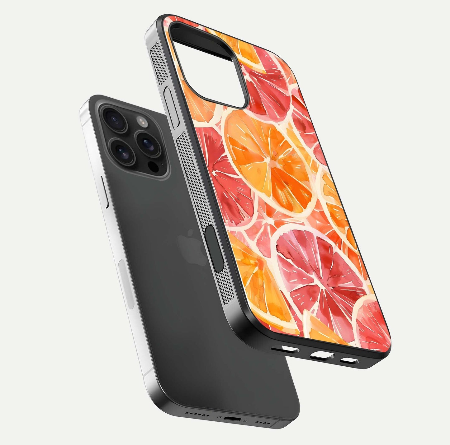 Orange Fruits Pattern Glass Case for iPhone 16 Pro Max floating dual-view mockup showing gloss reflection and HD tone