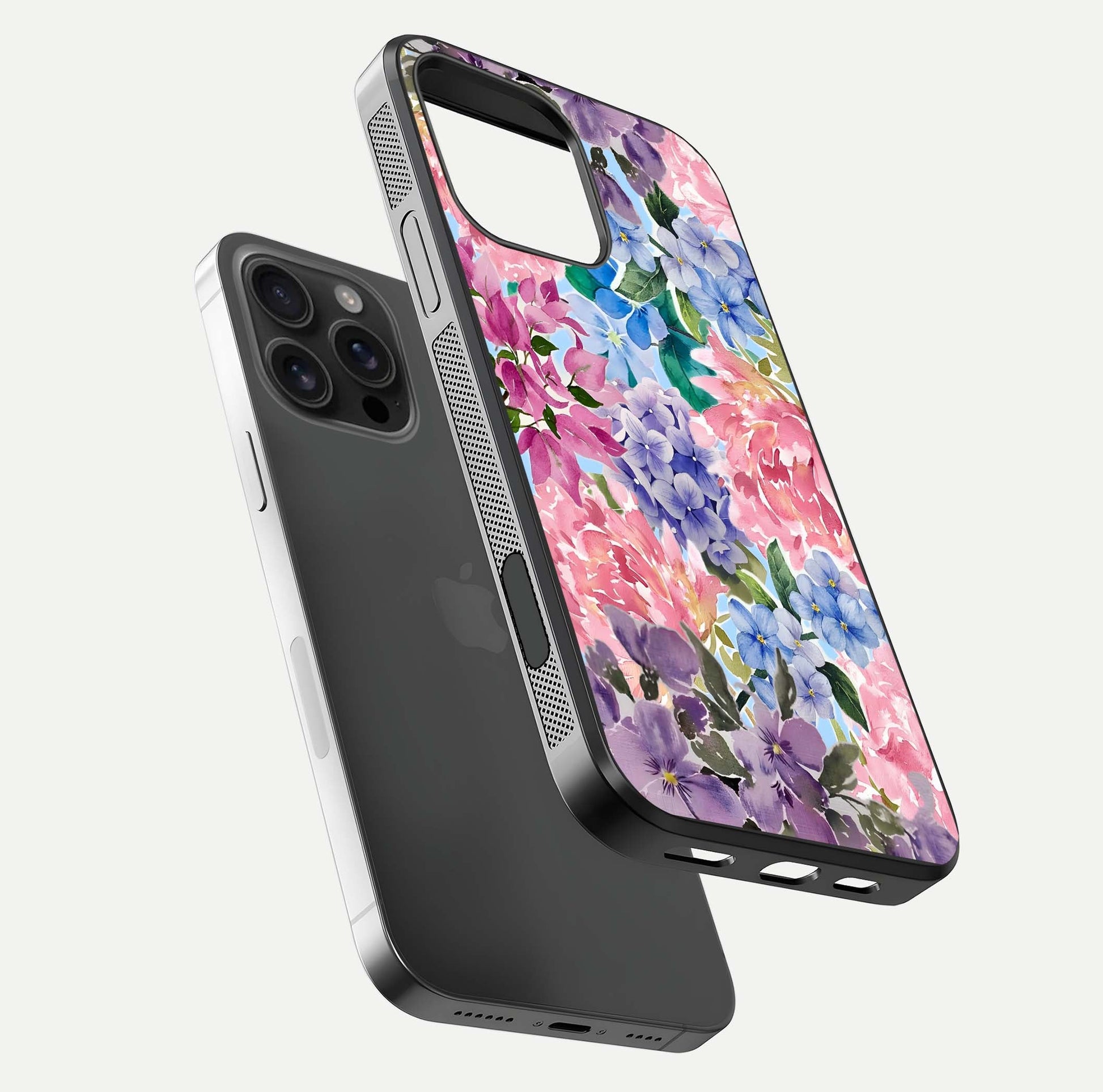 Pastel Floral Mix Glass Case for iPhone 16 Pro Max floating dual-view mockup showing HD gloss and floral texture