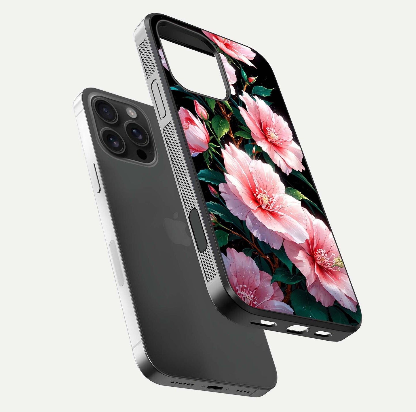 Peach Flower Glass Case for iPhone 16 Pro Max floating dual-view mockup displaying shine and delicate flower art