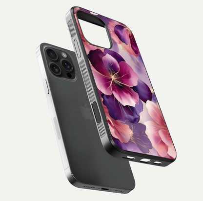 Pink Bouquet Florals Glass Case for iPhone 16 Pro Max floating dual-view mockup showing gloss surface and color depth