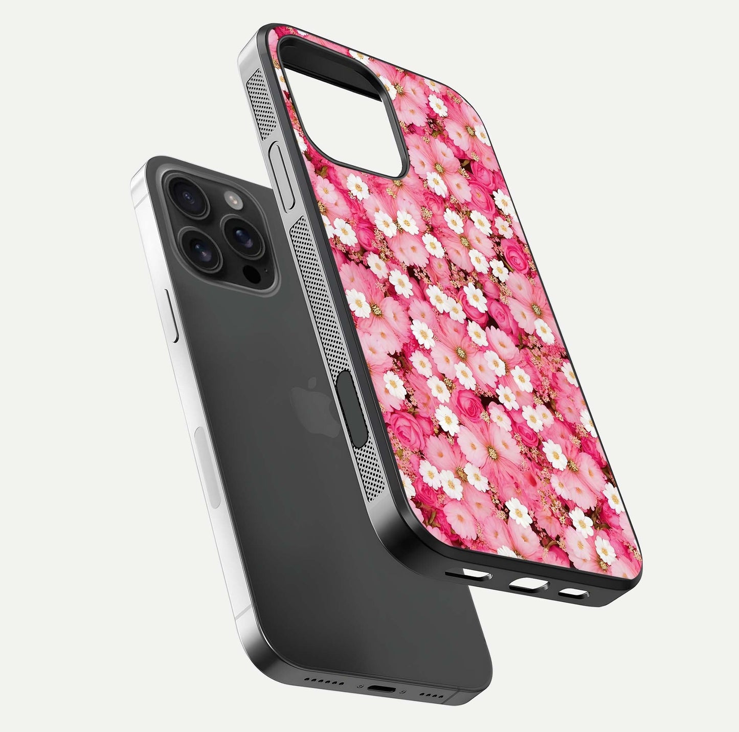 Pink Daisy Bliss Glass Case for iPhone 16 Pro Max floating dual-view mockup displaying gloss shine and pastel tones