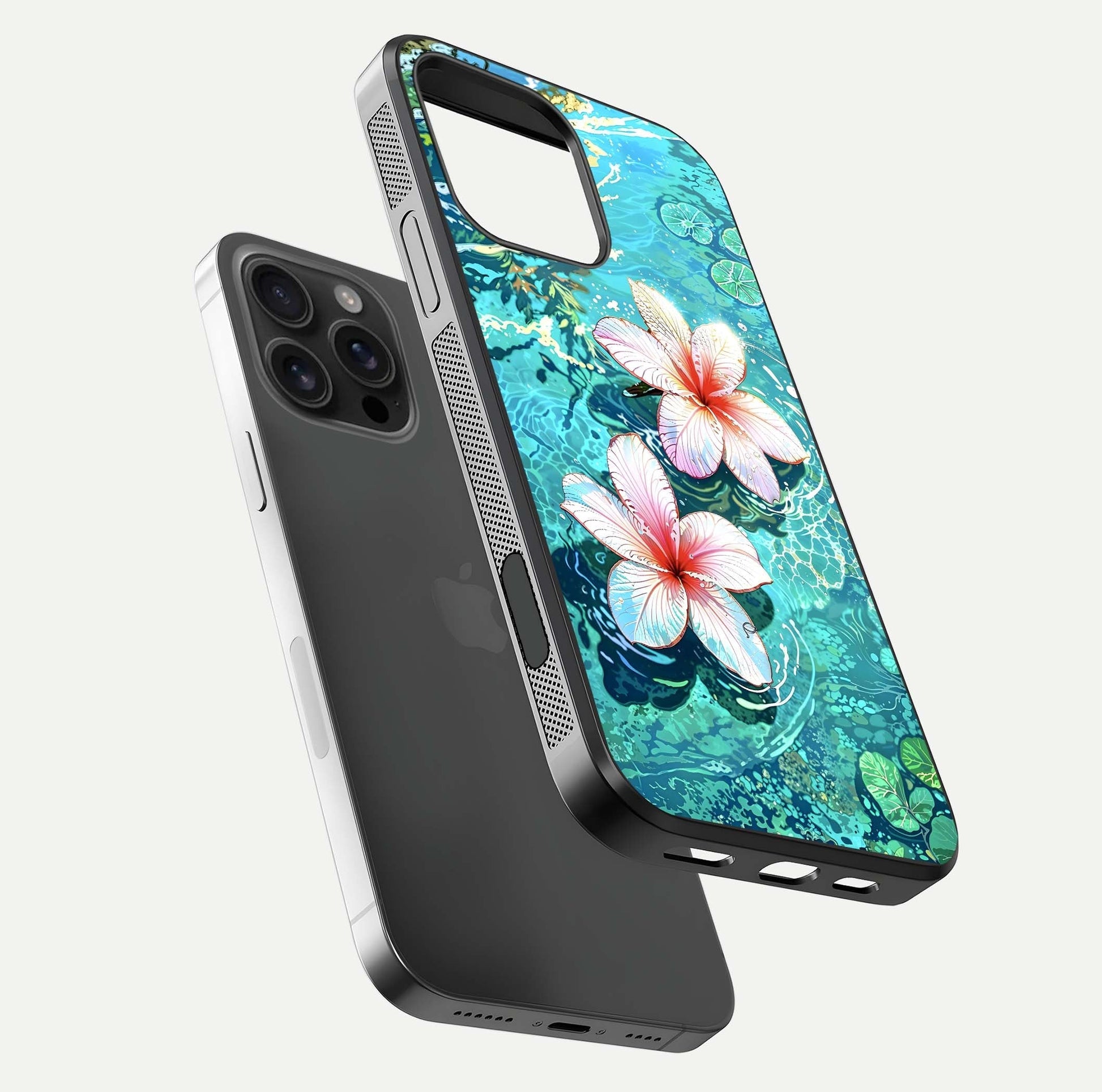 Pink Flowers in Water Glass Case for iPhone 16 Pro Max floating dual-view mockup showing gloss and floral clarity