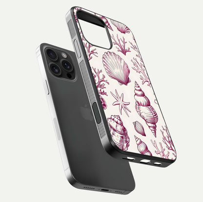 Pink Shells Outline Glass Case for iPhone 16 Pro Max floating dual-view mockup displaying gloss and ocean vibe
