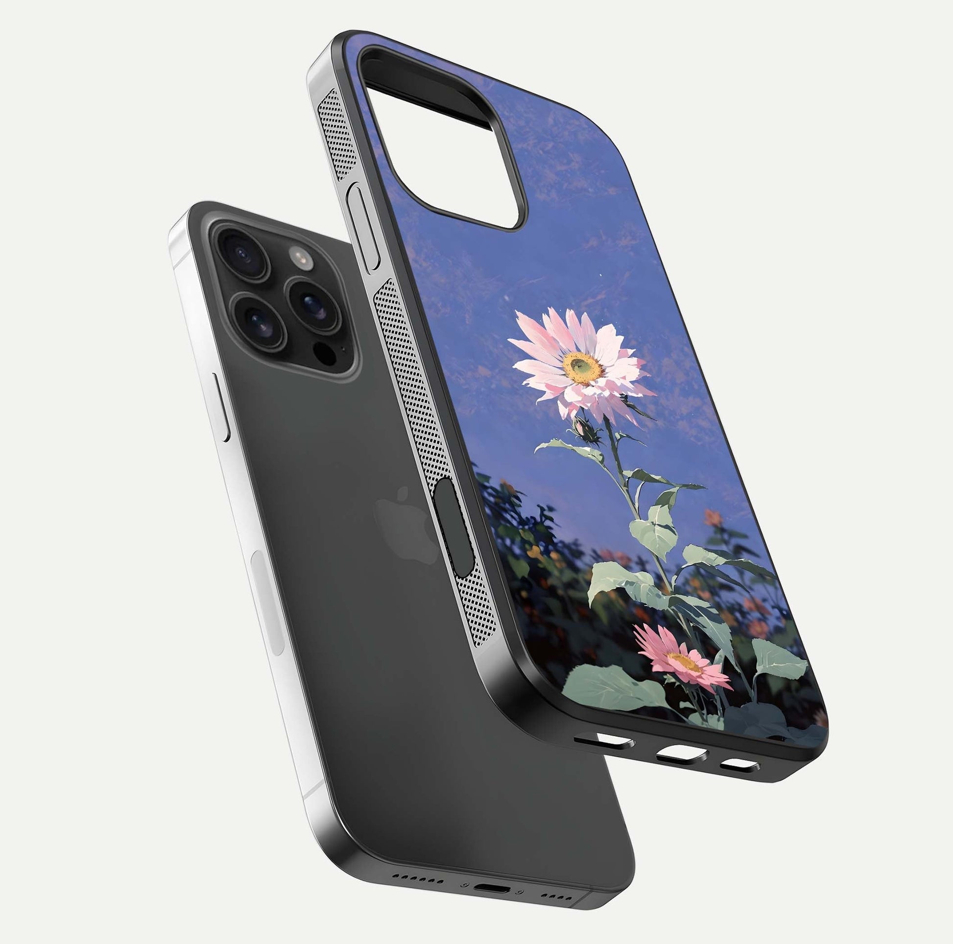 Pink Sunflower Glow Glass Case for iPhone 16 Pro Max floating dual-view mockup showing gloss reflection and design depth
