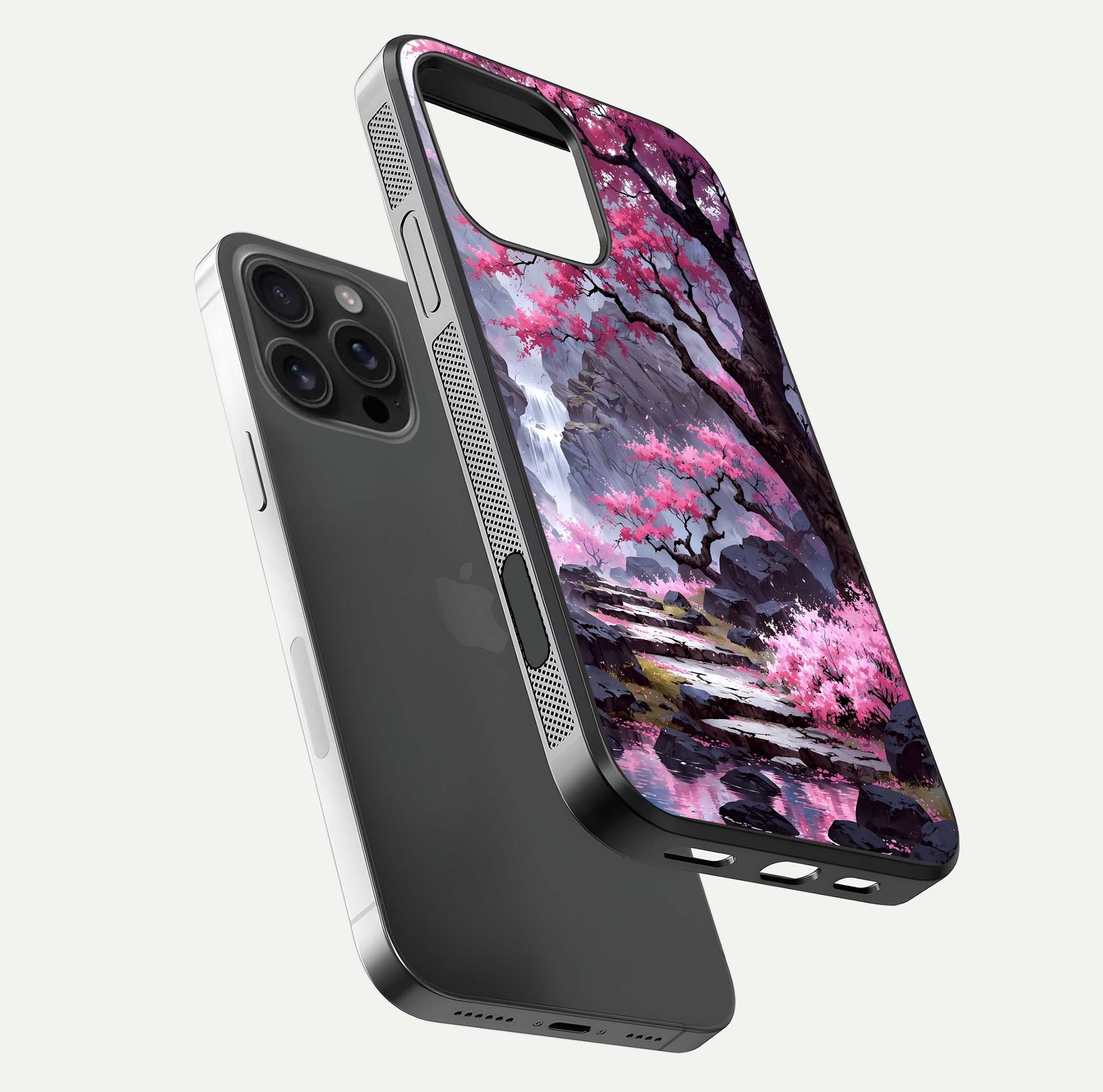 Pinkish Scenery Glass Case for iPhone 16 Pro Max floating dual-view mockup displaying gloss shine and artistic tone