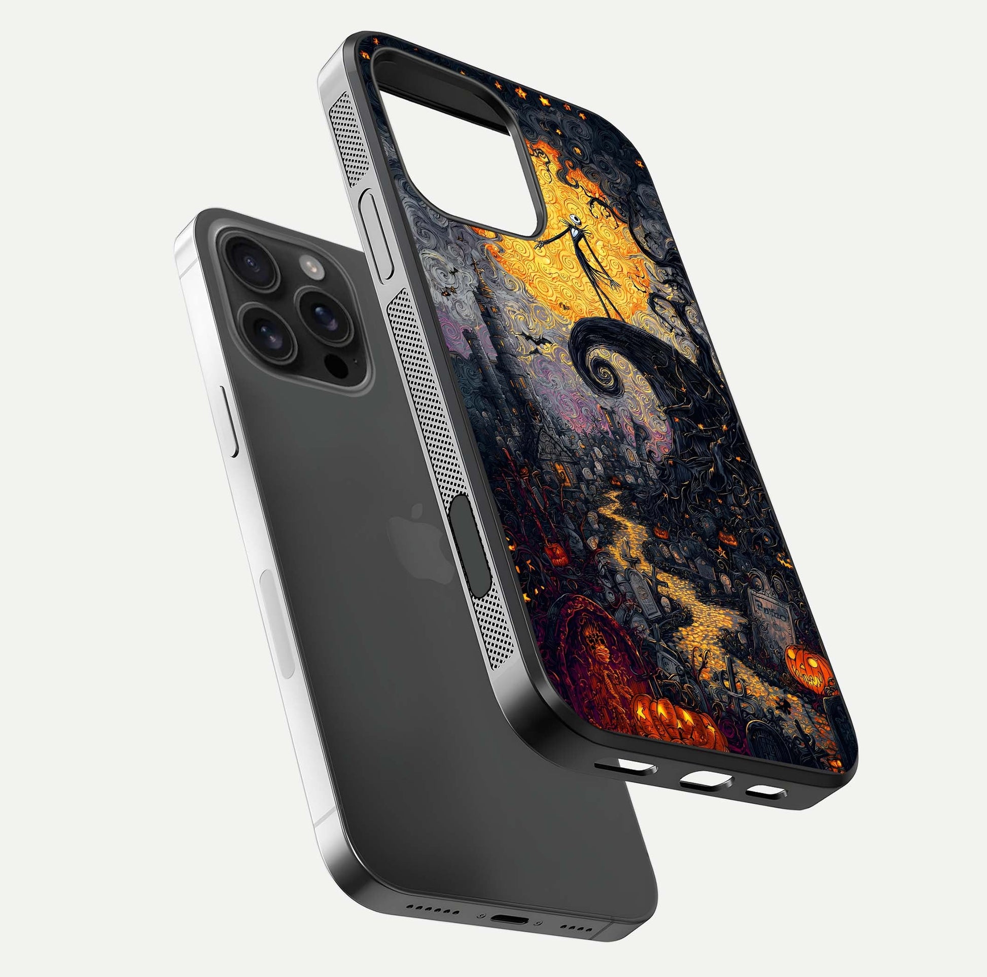 Pumpkin Moon Night Glass Case for iPhone 16 Pro Max floating dual-view mockup showing HD gloss and spooky detail