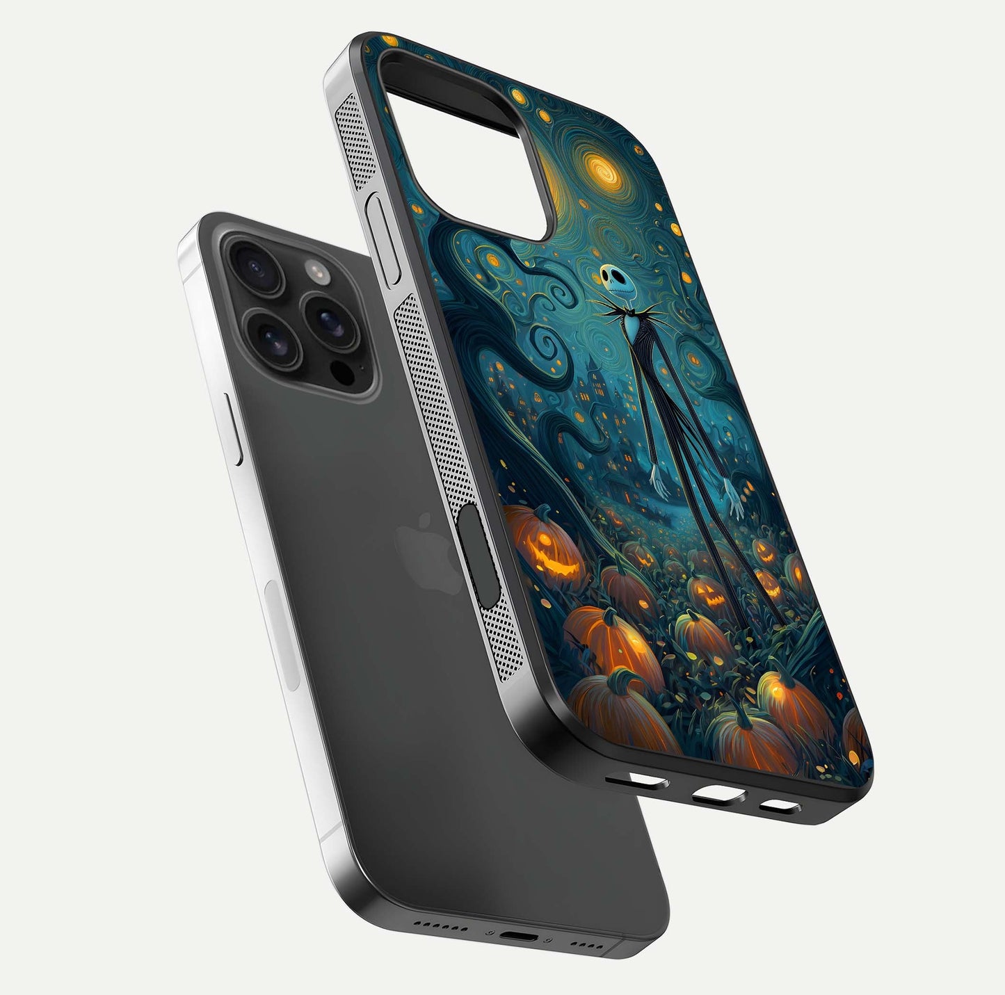 Pumpkin Moonlight Tale Glass Case for iPhone 16 Pro Max floating dual-view mockup showing HD gloss and eerie design
