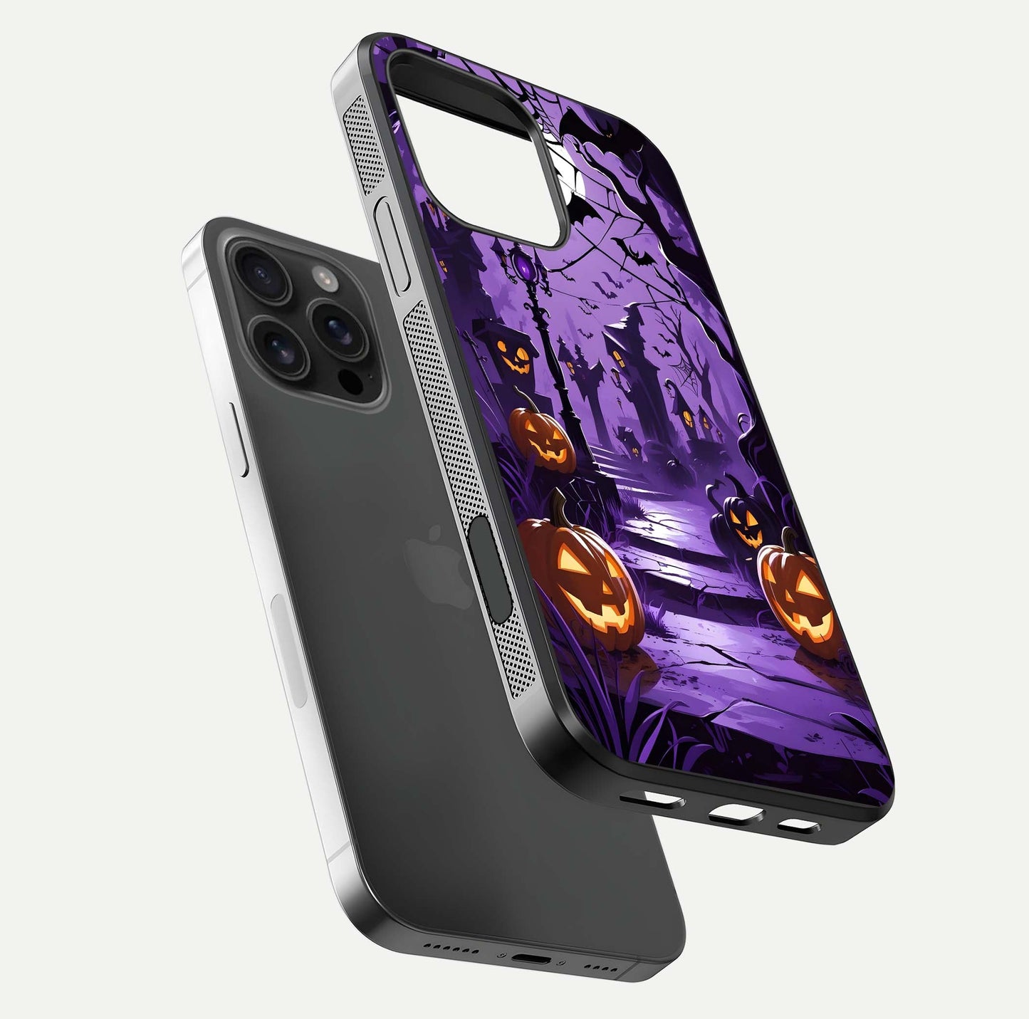 Pumpkin Patch Halloween Glass Case for iPhone 16 Pro Max floating dual-view mockup displaying gloss and dark tone