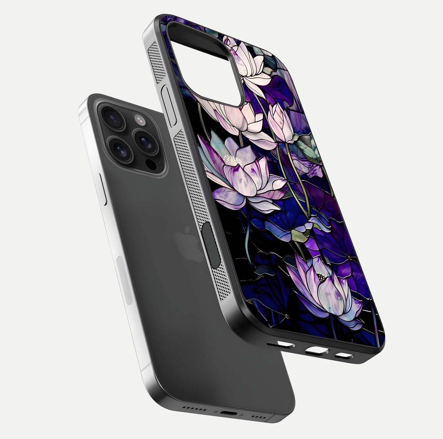 Purple Lotus Pattern Glass Case for iPhone 16 Pro Max floating dual-view mockup showing glass shine and vivid purple hue