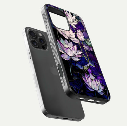 Purple Lotus Pattern Glass Case for iPhone 16 Pro Max floating dual-view mockup showing glass shine and vivid purple hue