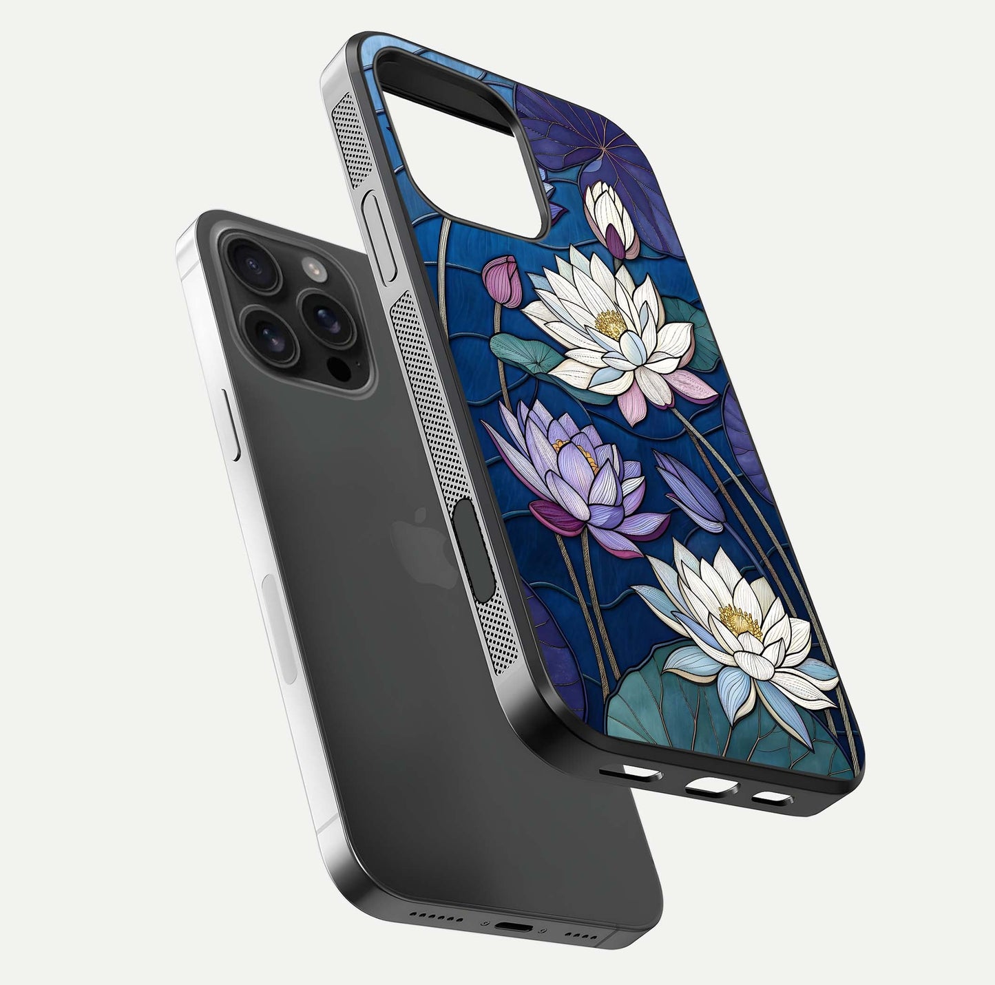 Purple Lotus Stained Glass Case for iPhone 16 Pro Max floating dual-view mockup displaying color depth and glass clarity