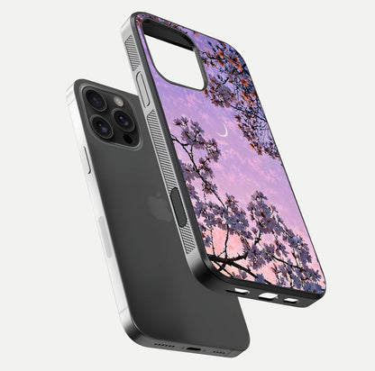 Purple Serenity Moon Glass Case for iPhone 16 Pro Max floating dual-view mockup showing gloss and cosmic detail