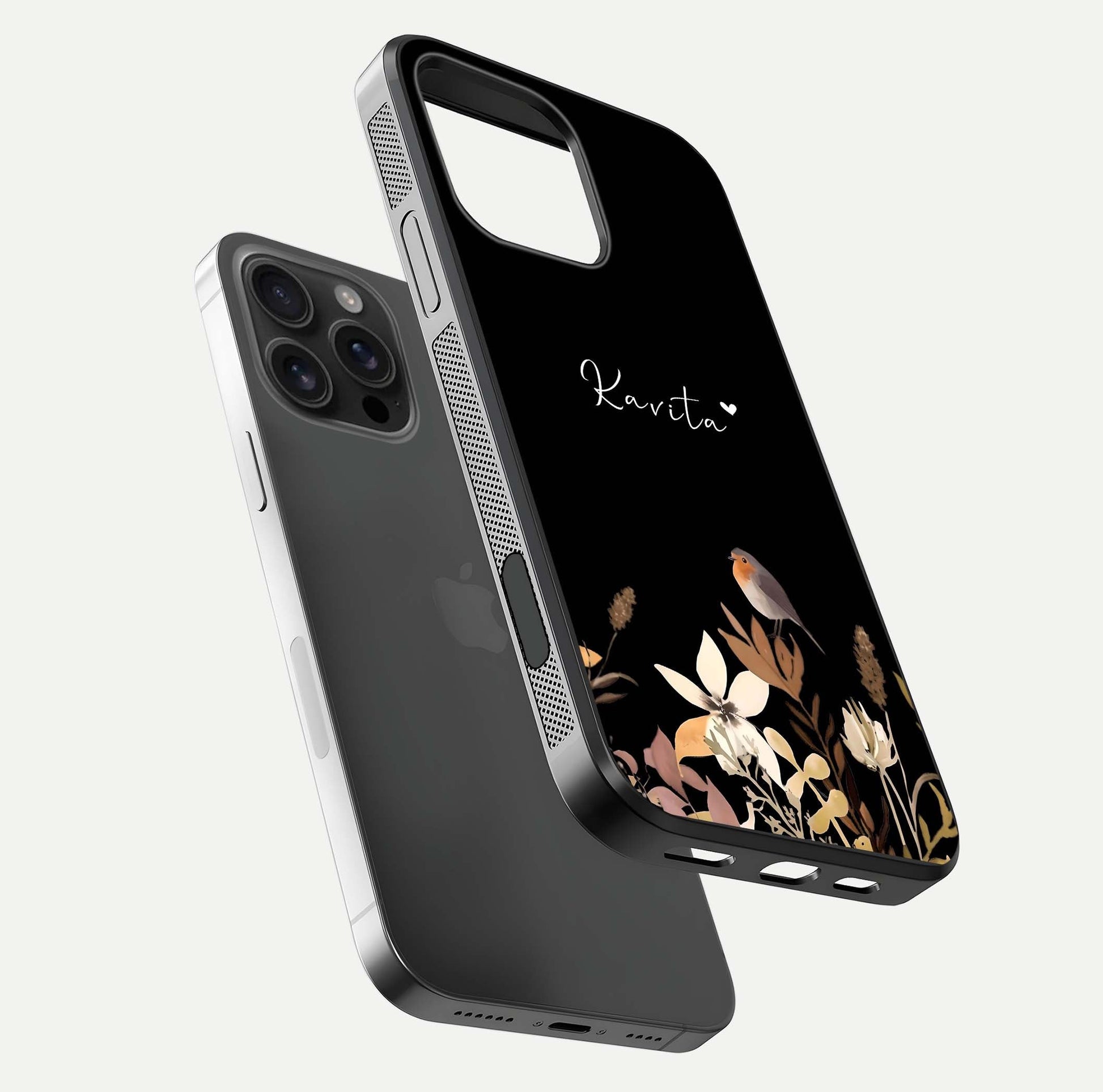 Quiet Garden Tune Custom Name Glass Case for iPhone 16 Pro Max floating dual-view mockup showing gloss and elegant detail