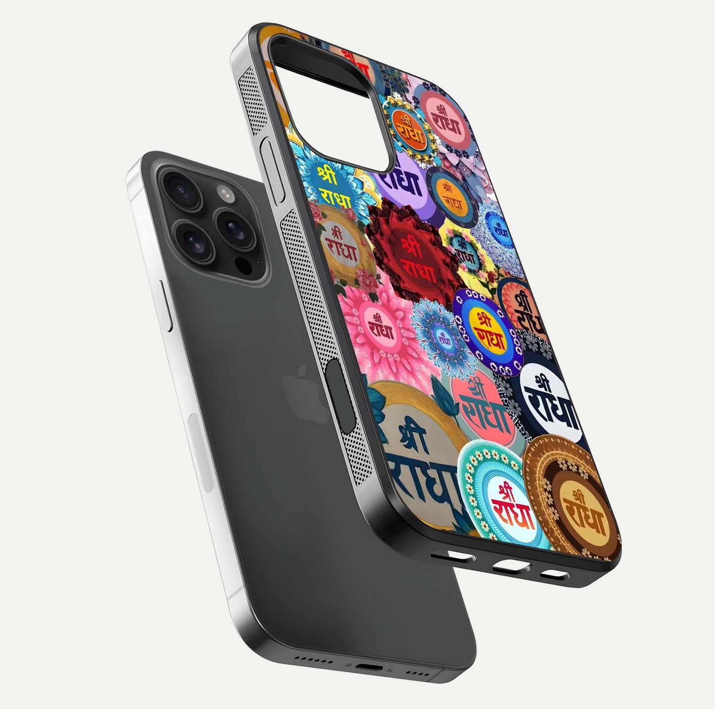 Radha Divine Bloom Glass Case for iPhone 16 Pro Max floating dual-view mockup showing gloss depth and HD art