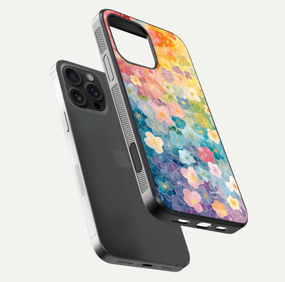 Rainbow Blossom Burst Glass Case for iPhone 16 Pro Max floating dual-view mockup displaying gloss and gradient pattern