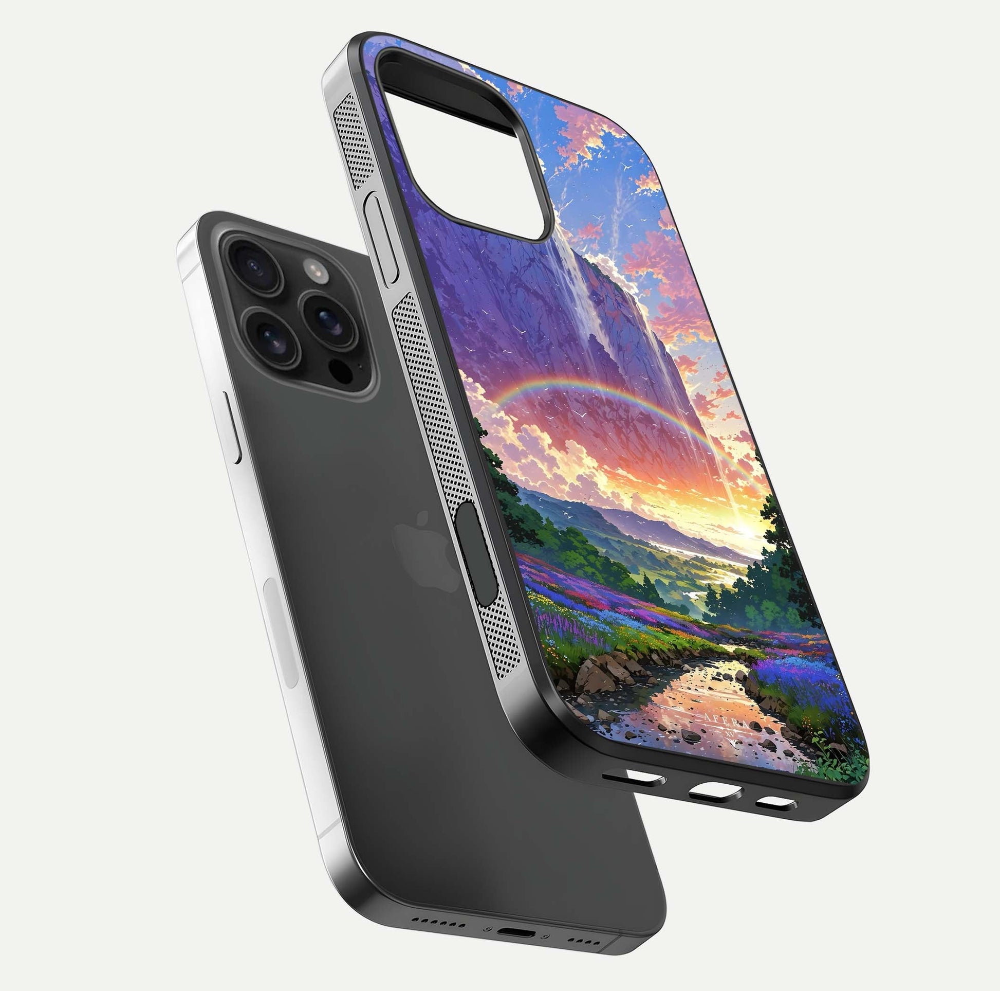Rainbow Valley Dream Glass Case for iPhone 16 Pro Max floating dual-view mockup showing gloss texture and dream vibe