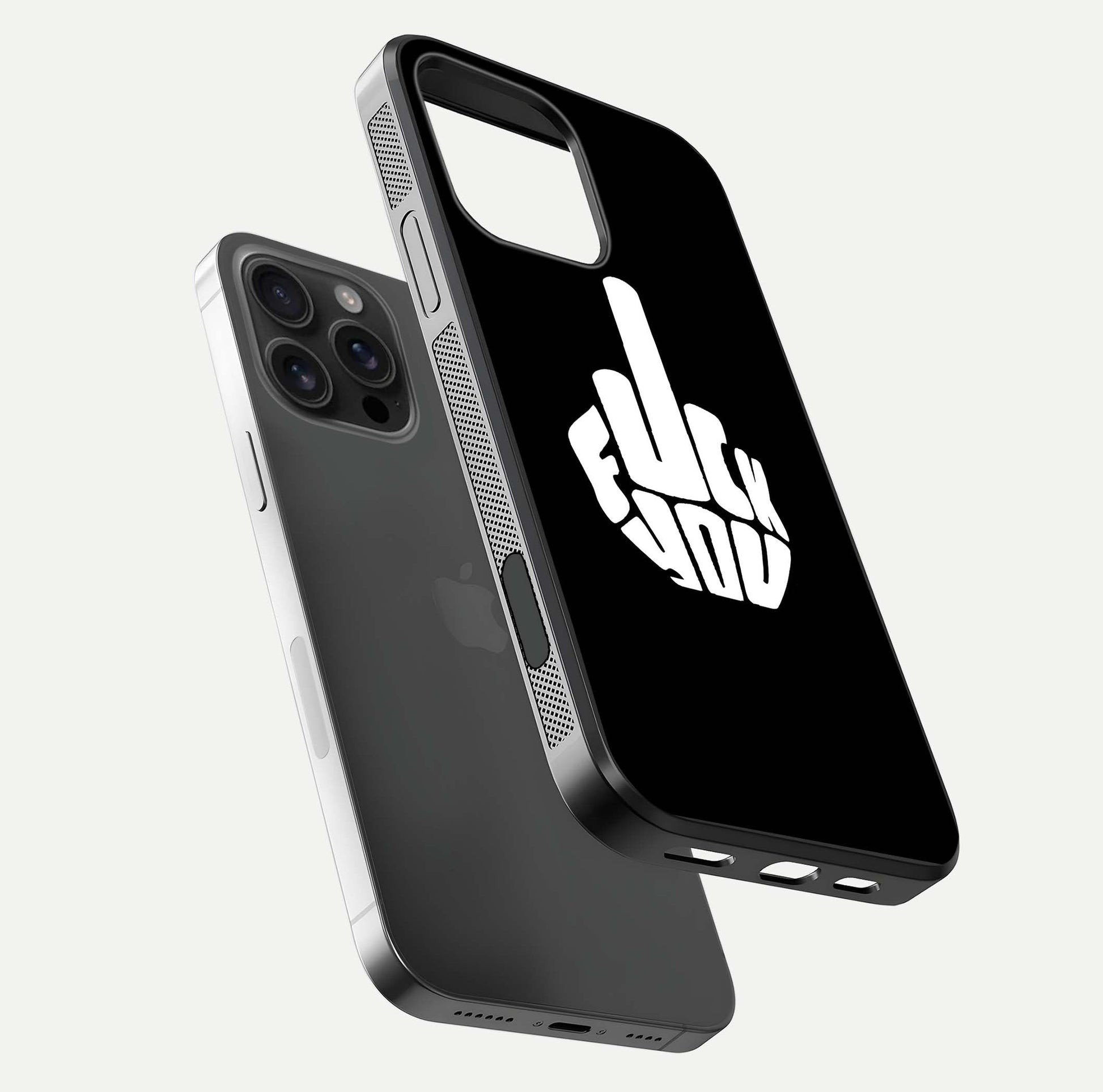 Rebel Mode On Glass Case for iPhone 16 Pro Max floating dual-view mockup displaying gloss shine and statement art