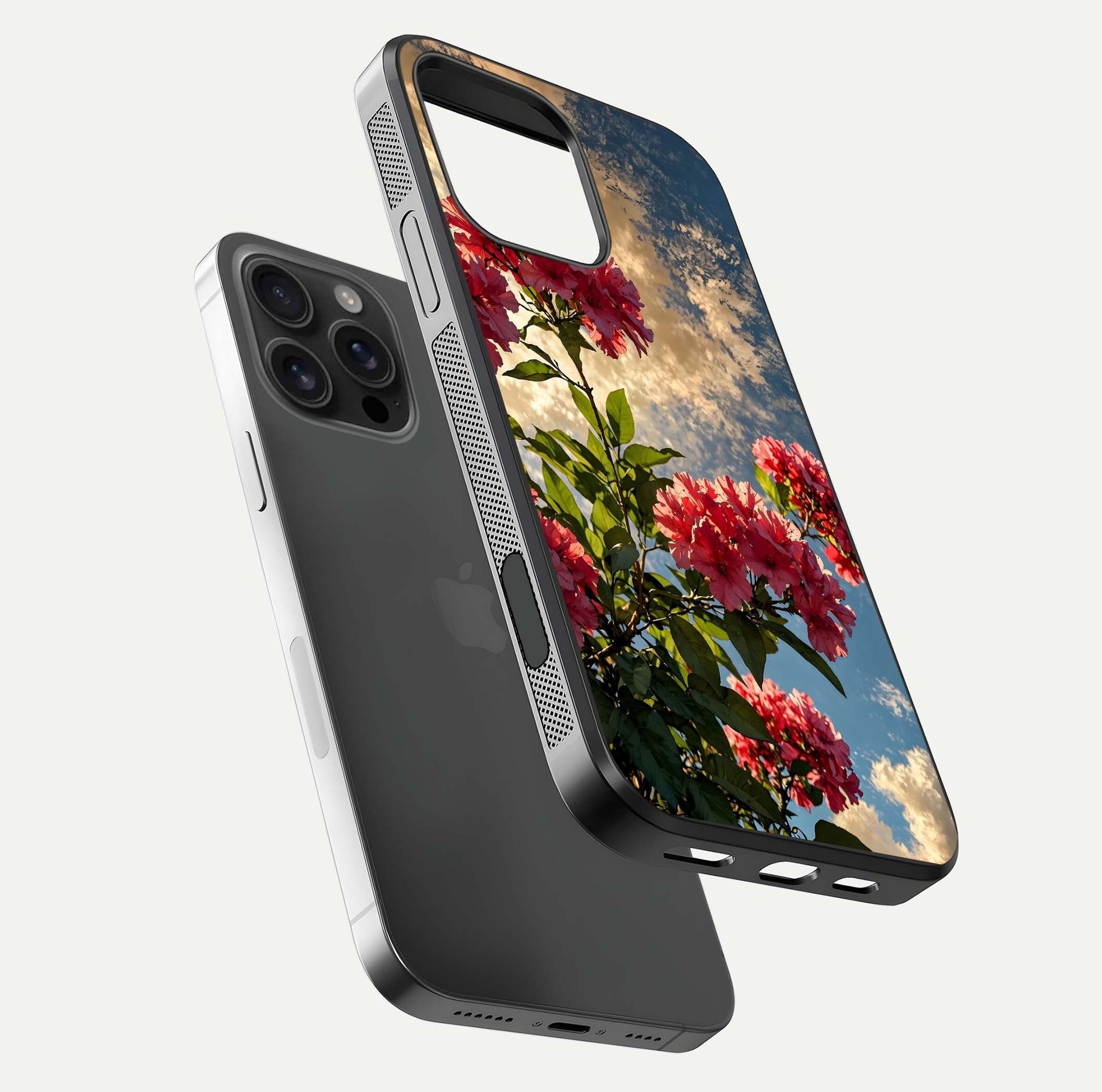 Red Bloom Skies Glass Case for iPhone 16 Pro Max floating dual-view mockup showing glass gloss and floral pattern