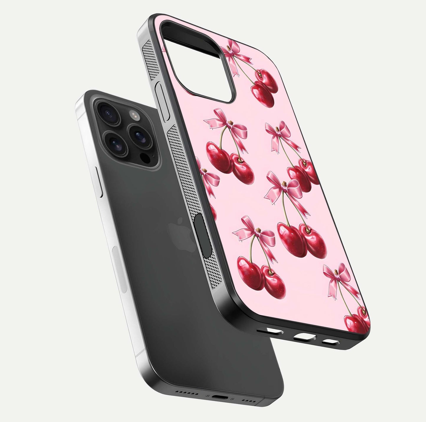 Red Cherries Pattern Glass Case for iPhone 16 Pro Max floating dual-view mockup showing gloss and color contrast